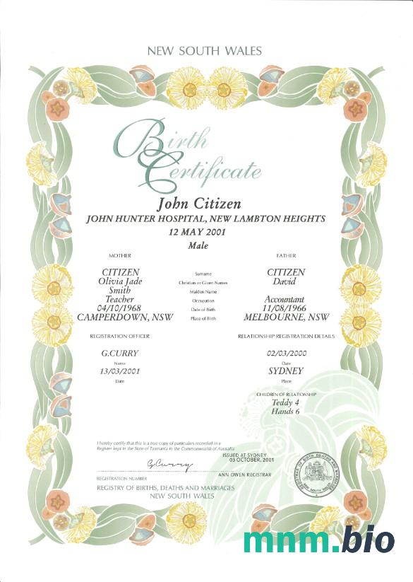 Australia New South Wales dekoracyjne (commemorative) narodziny certyfikat szablon w formacie PSD